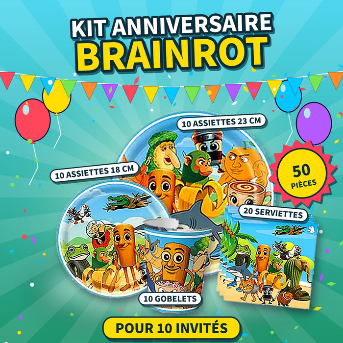 Kit Anniversaire Brainrot 50 Pièces – Vaisselle de Fête pour 10 Invités (Assiettes, Gobelets, Serviettes)